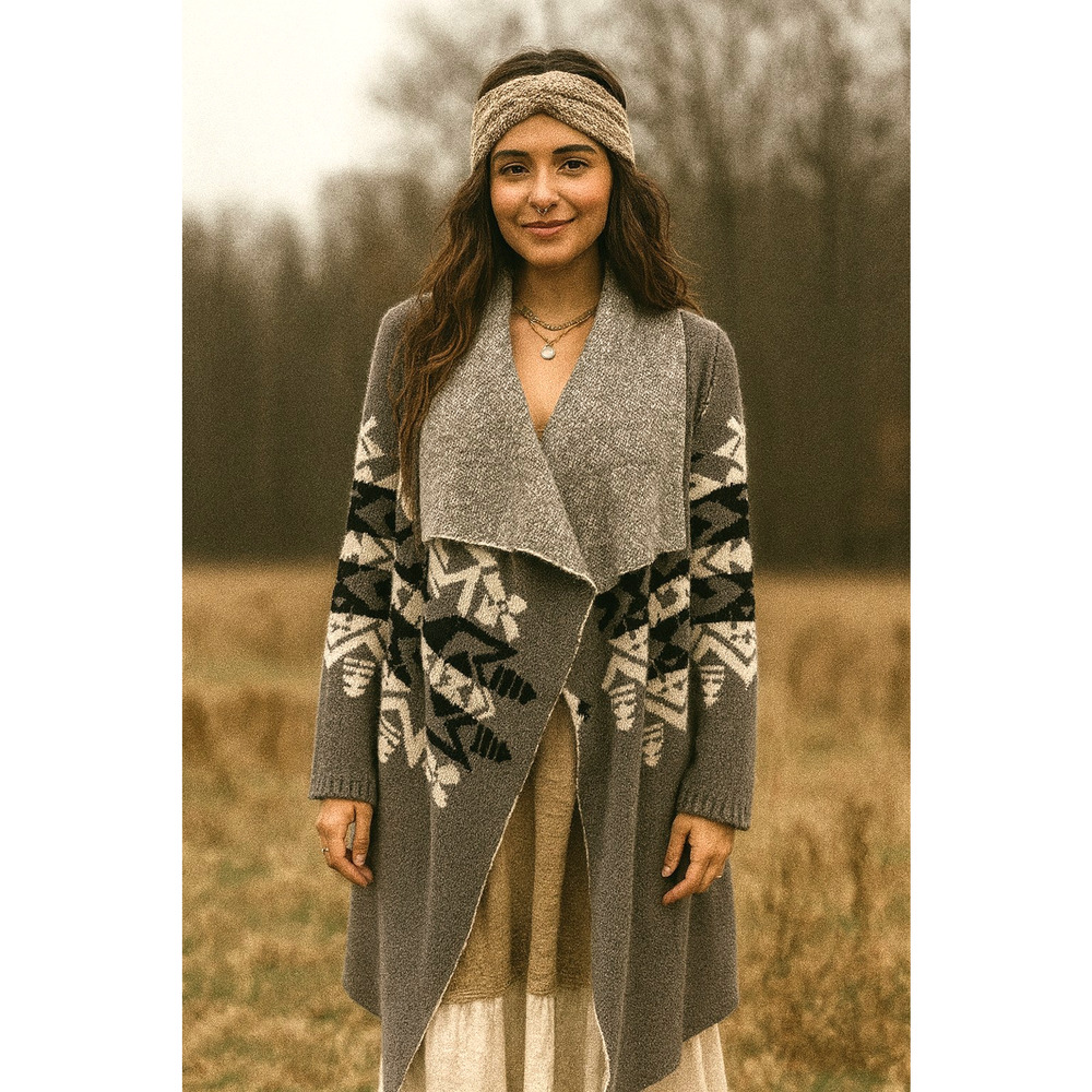 Show Me Your Mumu Yummy Sweater Gray Cozy Shawl Collar Boho Aztec Cardigan Small
